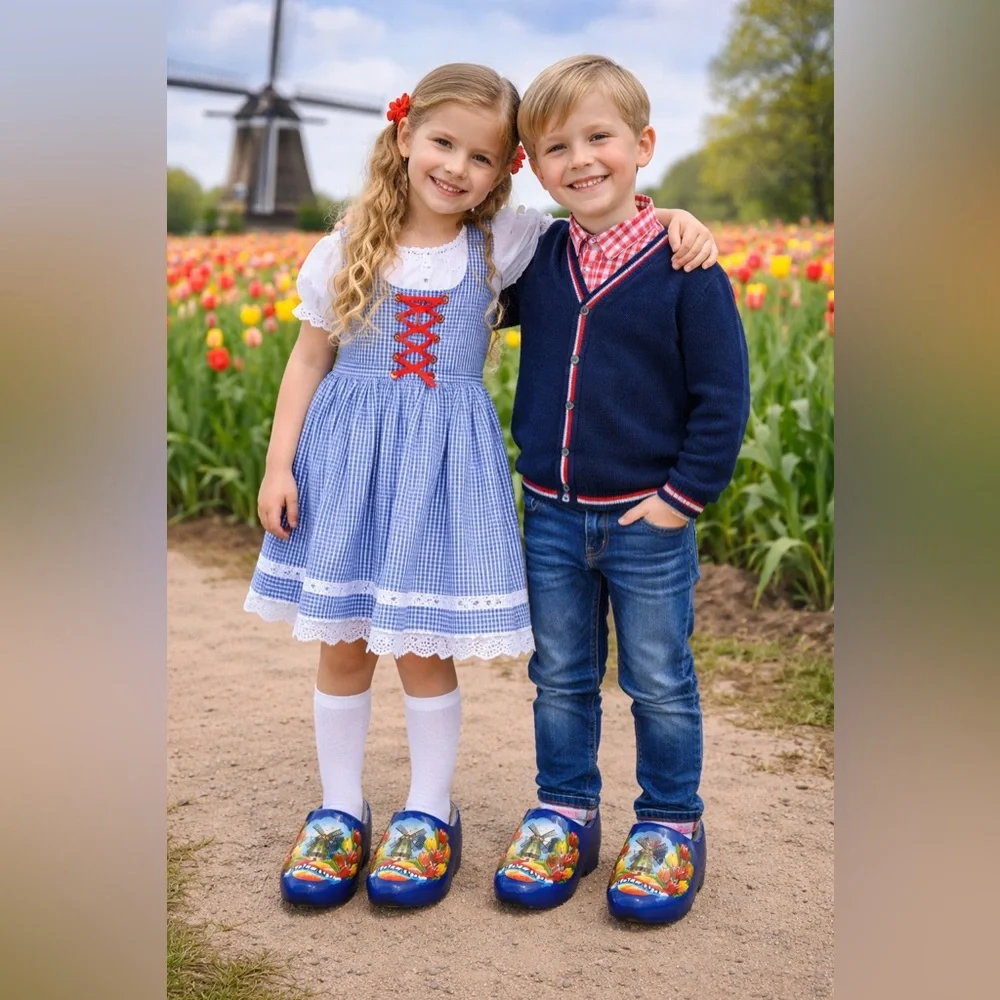 Kids Blue Clogs with Windmill and Tulip Design